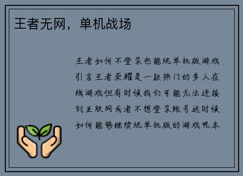 王者无网，单机战场