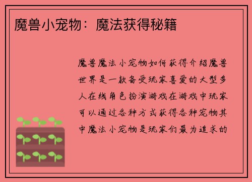 魔兽小宠物：魔法获得秘籍