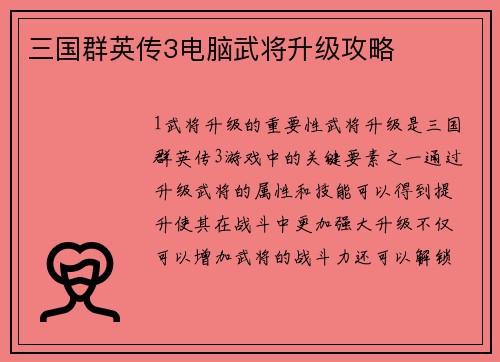 三国群英传3电脑武将升级攻略